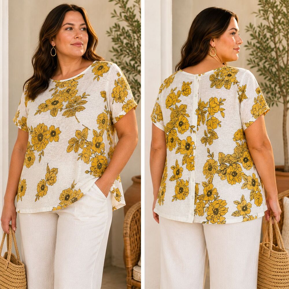Cynthia Rowley 100% Linen Floral Top 1X White Yellow Back Button Down Resort